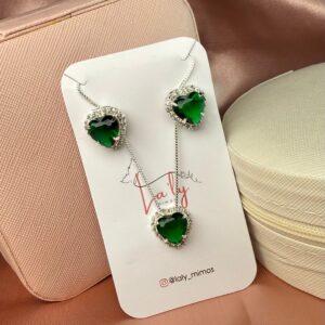 Conjunto coração prata esmeralda