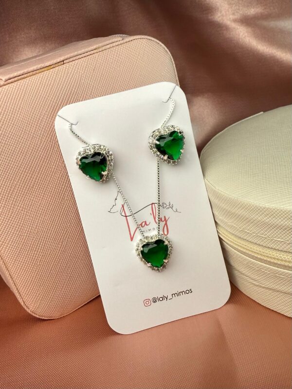 Conjunto coração prata esmeralda
